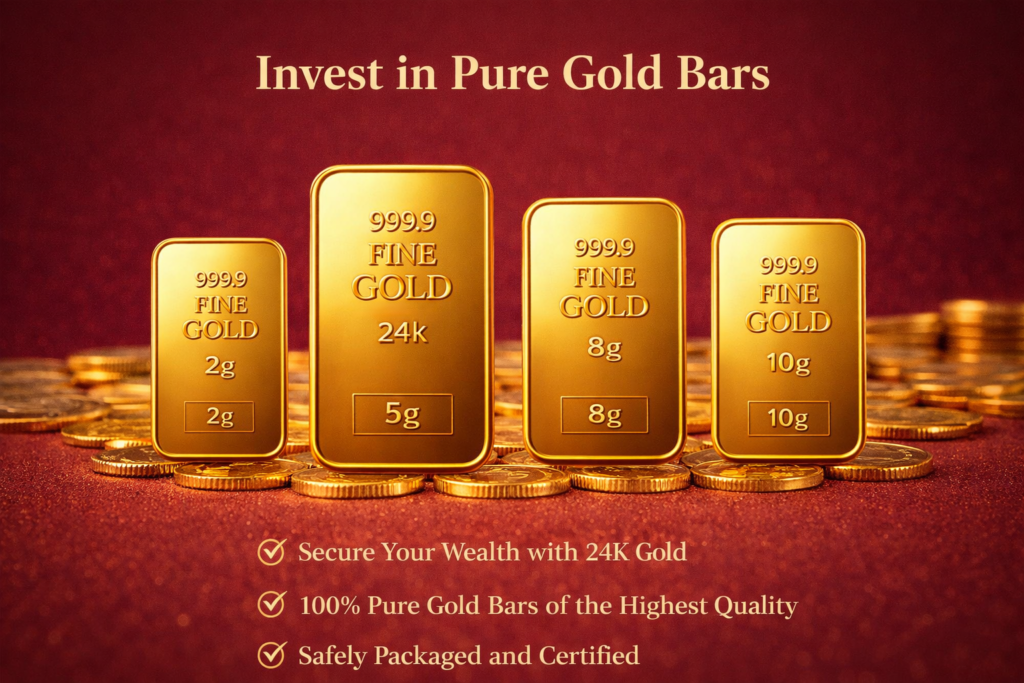 HSIS Gold Caro 24K pure gold bars in 2g, 5g, 8g, and 10g sizes for investment.
