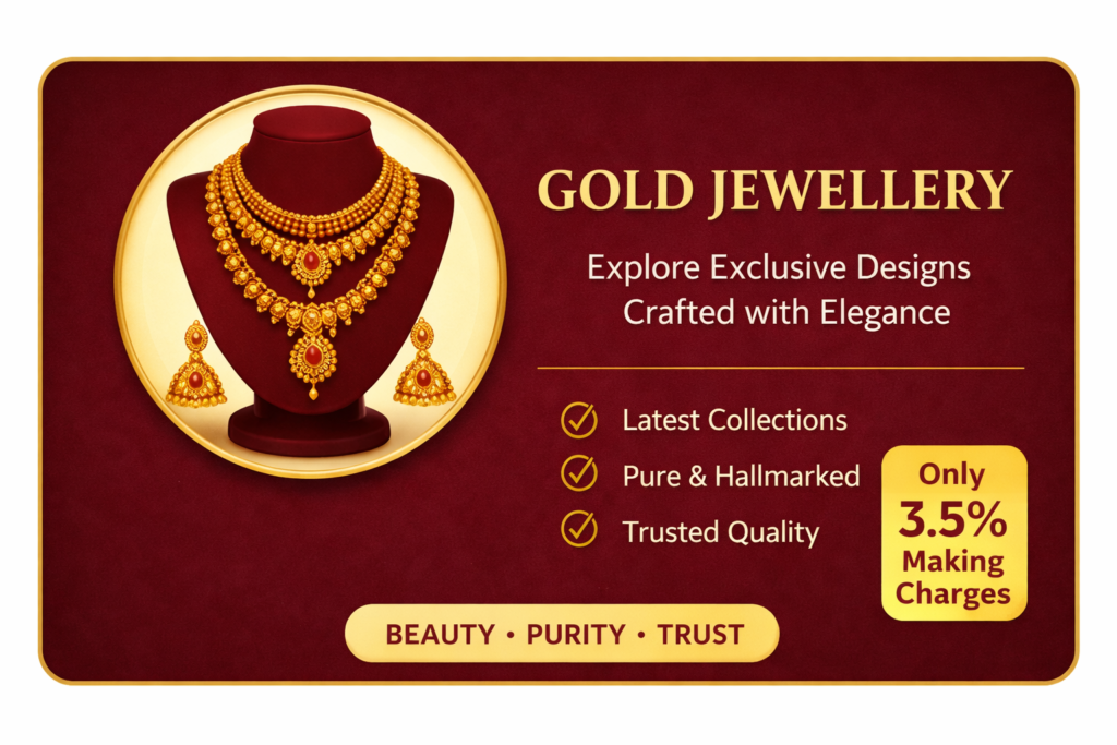 Luxury gold jewellery set with necklace and earrings on display, highlighting premium design and purity.